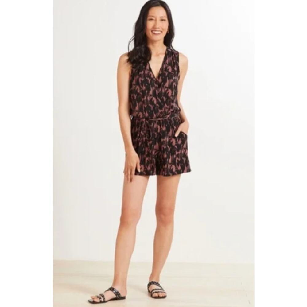 Evereve Peyton Jensen Sleeveless Faux Wrap Bodice Black Print Belted Romper SZ M